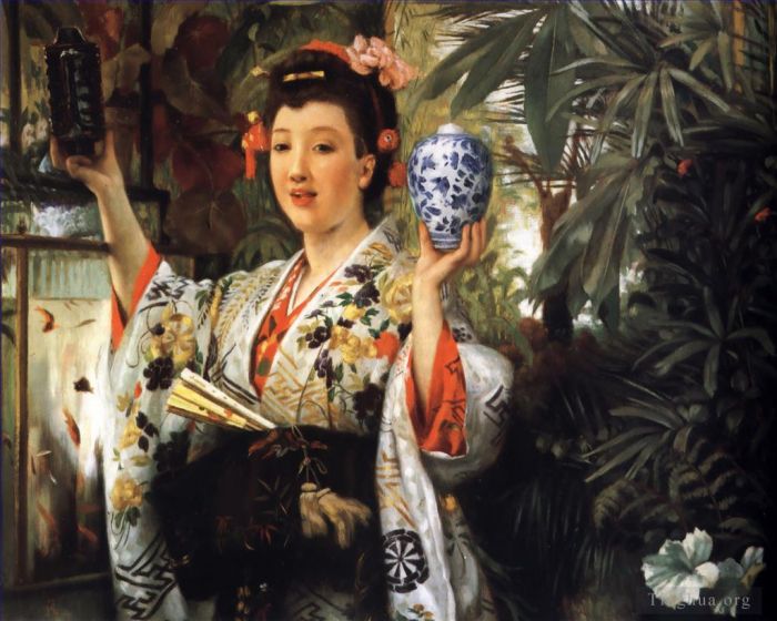 James Tissot Peinture à l'huile - Jeune femme tenant des objets japonais