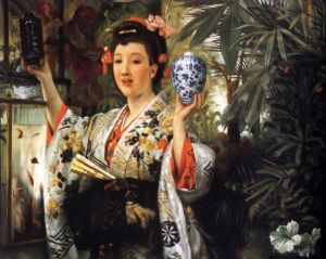 James Tissot œuvres - Jeune femme tenant des objets japonais