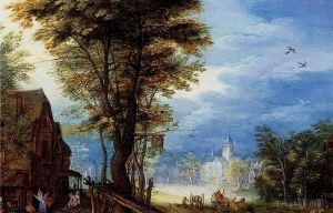 Jan Brueghel the Elder œuvres - Une rue de village avec la Sainte Famille arrivant dans une auberge