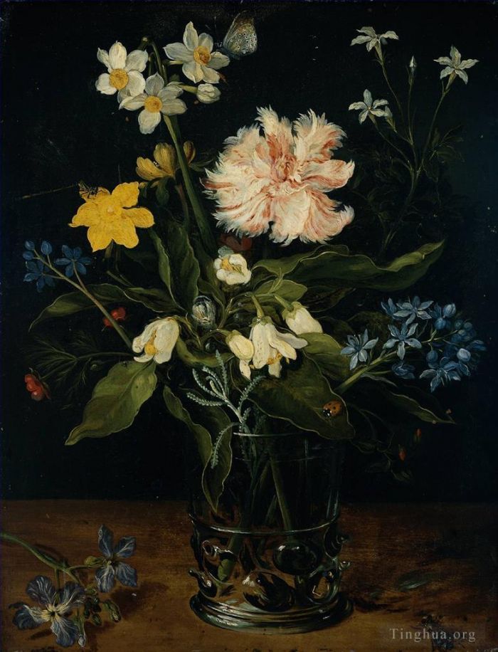 Jan Brueghel the Elder Peinture à l'huile - Nature morte avec des fleurs dans un verre