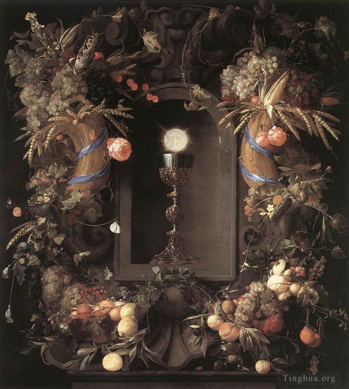 Jan Davidsz de Heem Peinture à l'huile - Eucharistie dans une couronne de fruits