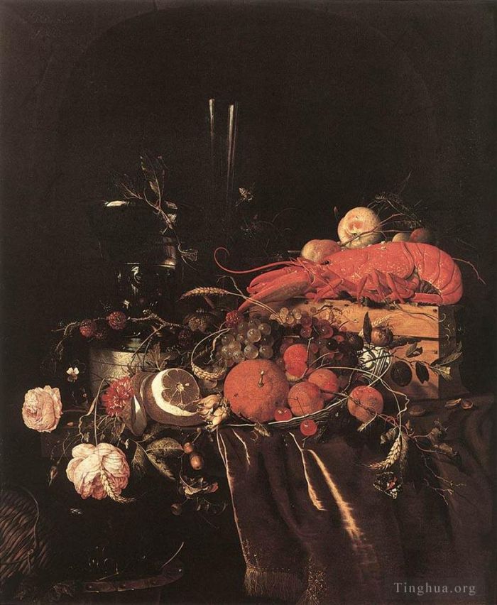 Jan Davidsz de Heem Peinture à l'huile - Nature morte aux verres de fleurs de fruits et au homard Jan Davidsz de Heem