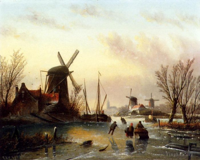 Jan Jacob Coenraad Spohler Peinture à l'huile - Un paysage de rivière gelée