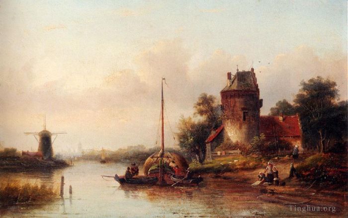 Jan Jacob Coenraad Spohler Peinture à l'huile - Un paysage fluvial en été avec une barge à foin amarrée près d'une ferme fortifiée Jan Jacob Coenraad Spohler