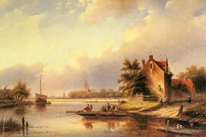 Jan Jacob Coenraad Spohler Peinture à l'huile - Une journée d'été à la traversée en ferry
