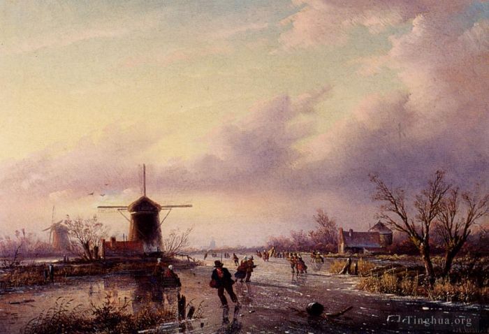 Jan Jacob Coenraad Spohler Peinture à l'huile - Un paysage hivernal avec des personnages sur une voie navigable gelée Jan Jacob Coenraad Spohler