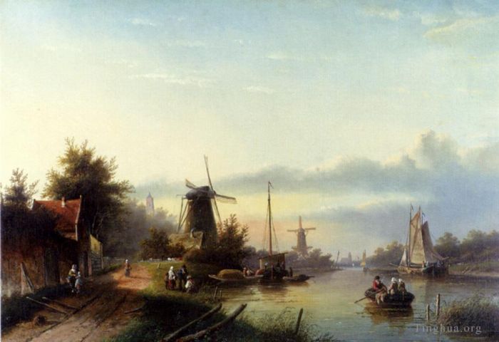 Jan Jacob Coenraad Spohler Peinture à l'huile - Bateaux sur un canal hollandais