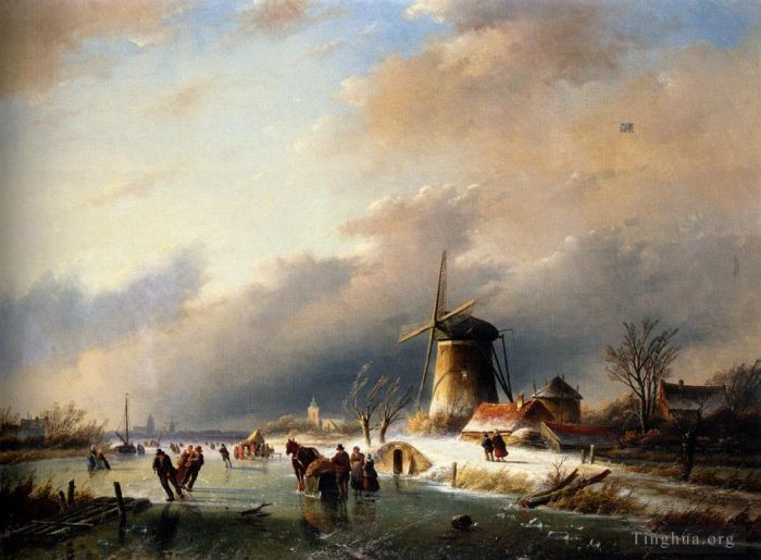 Jan Jacob Coenraad Spohler Peinture à l'huile - Patinage artistique sur une rivière gelée