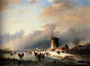 Jan Jacob Coenraad Spohler œuvres - Patinage artistique sur une rivière gelée