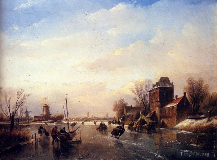 Jan Jacob Coenraad Spohler Peinture à l'huile - Patineurs sur une rivière gelée