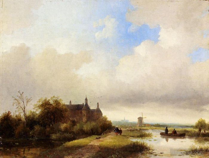 Jan Jacob Coenraad Spohler Peinture à l'huile - Voyageurs sur un chemin Haarlem au loin