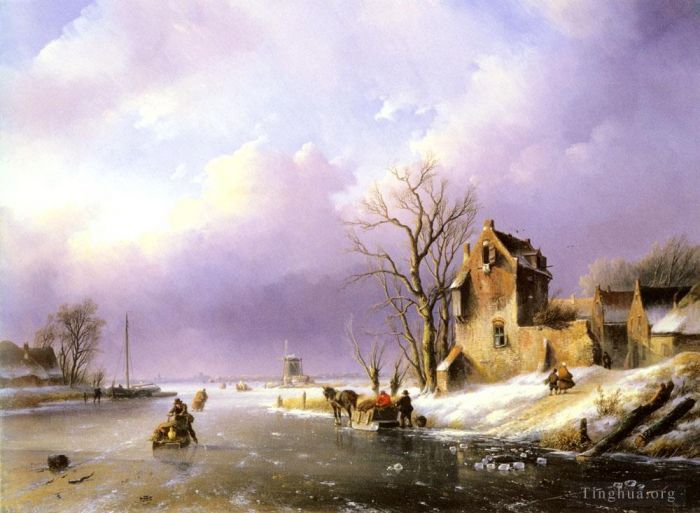 Jan Jacob Coenraad Spohler Peinture à l'huile - Paysage d'hiver avec des personnages sur une rivière gelée