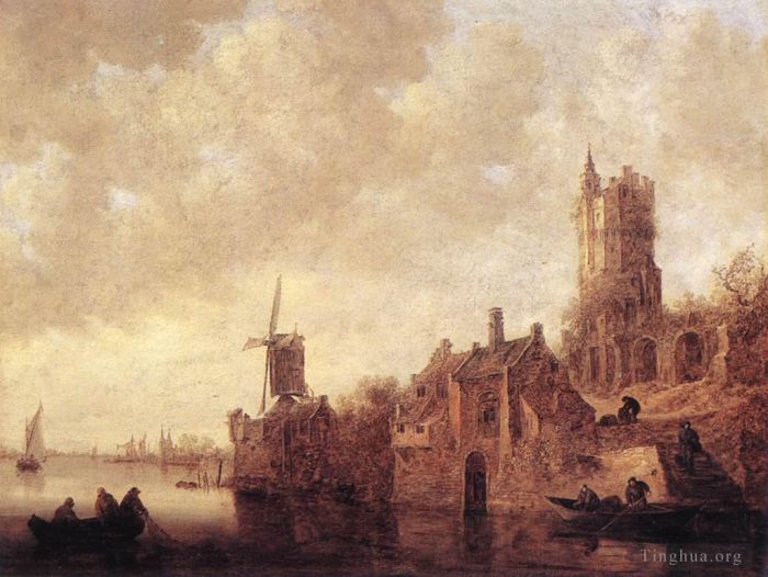Jan Josephszoon van Goyen Peinture à l'huile - Paysage fluvial avec un moulin à vent et un château en ruine