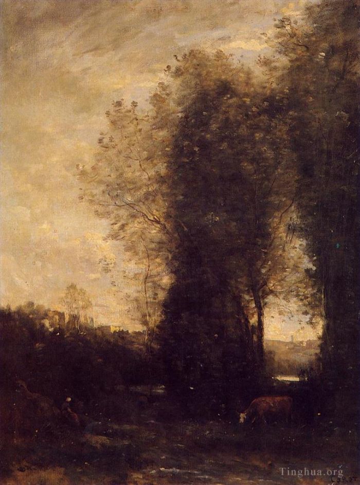 Jean-Baptiste-Camille Corot Peinture à l'huile - Une vache et son gardien