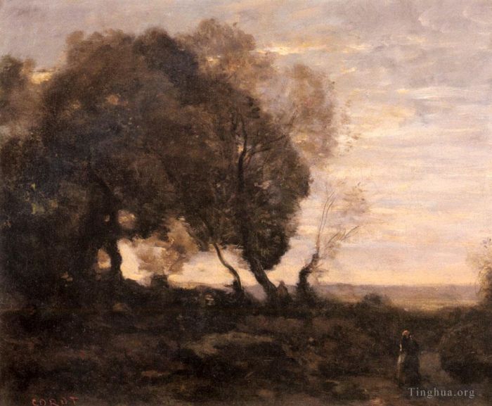 Jean-Baptiste-Camille Corot Peinture à l'huile - Arbres Tordus Sur Une Crète