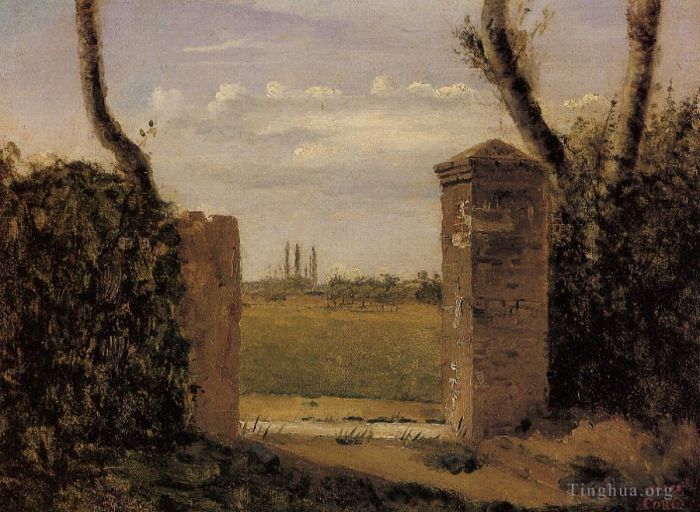 Jean-Baptiste-Camille Corot Peinture à l'huile - Boid Guillaumi près de Rouen Une porte flanquée de deux poteaux