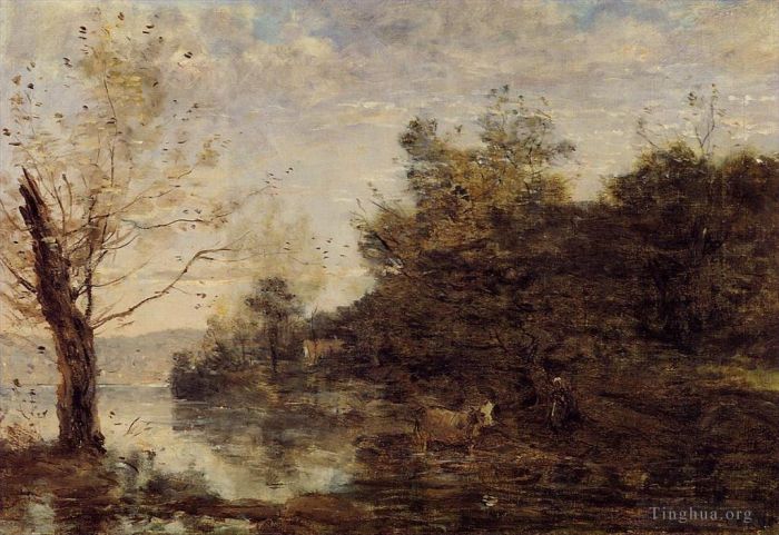 Jean-Baptiste-Camille Corot Peinture à l'huile - Bouvier au bord de l'eau