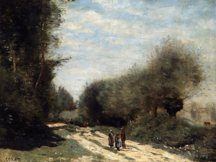 Jean-Baptiste-Camille Corot Peinture à l'huile - Crécy en Brie Route à la Campagne