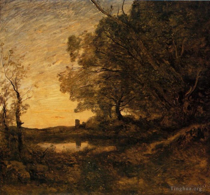 Jean-Baptiste-Camille Corot Peinture à l'huile - Tour lointaine du soir