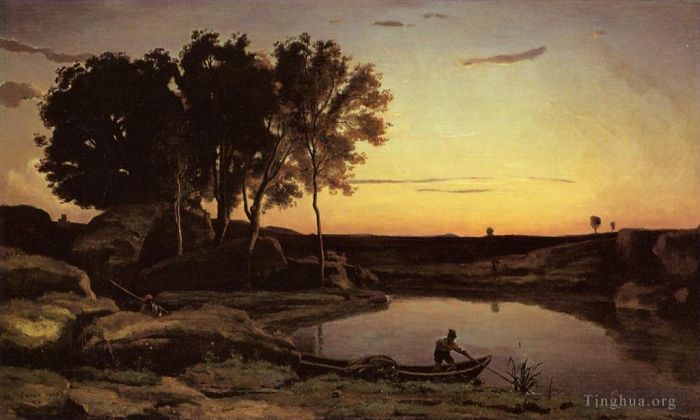 Jean-Baptiste-Camille Corot Peinture à l'huile - Paysage du soir alias La soirée du passeur