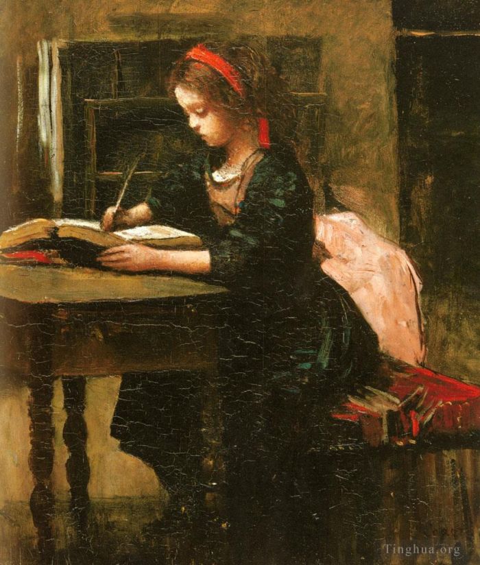 Jean-Baptiste-Camille Corot Peinture à l'huile - Fillete AL etude En Train D Ecrire