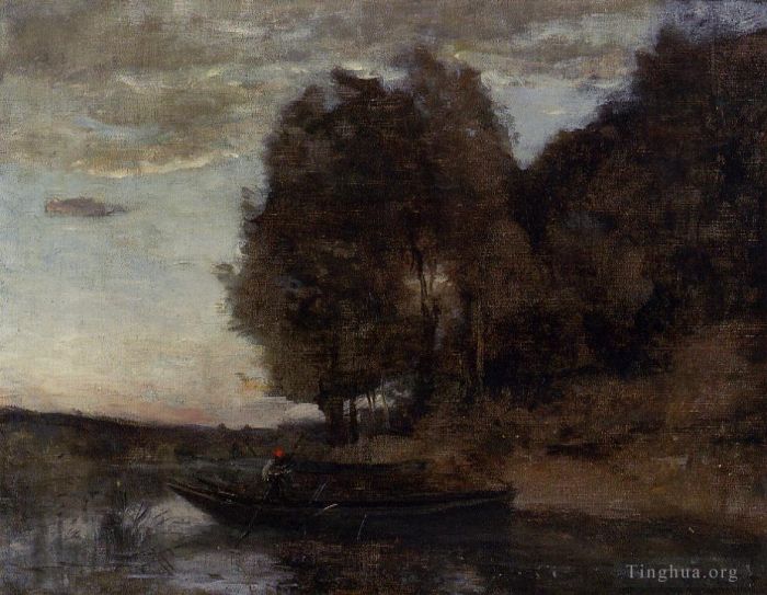 Jean-Baptiste-Camille Corot Peinture à l'huile - Pêcheur naviguant le long d’un paysage boisé