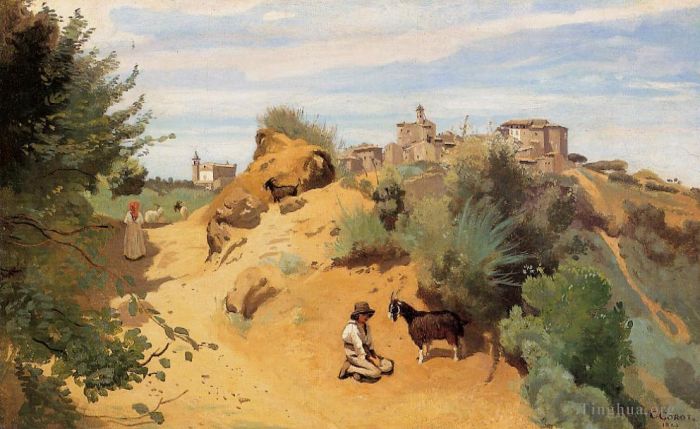 Jean-Baptiste-Camille Corot Peinture à l'huile - Bergerie et village de Genzano
