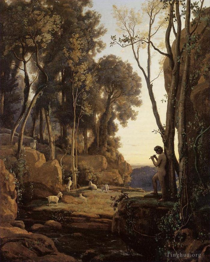 Jean-Baptiste-Camille Corot Peinture à l'huile - Paysage Soleil couchant alias Le Petit Berger