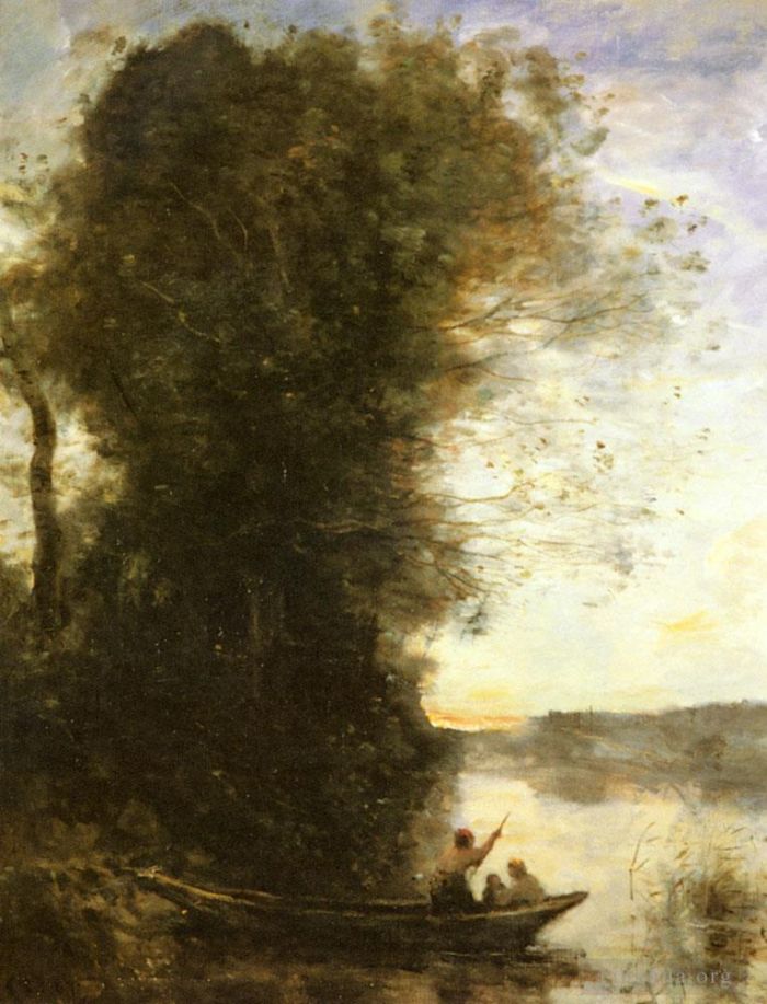 Jean-Baptiste-Camille Corot Peinture à l'huile - Le Batelier Quittant La Rive Avec Une Femme Et Une Femme