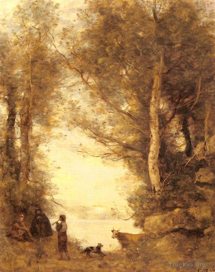 Jean-Baptiste-Camille Corot Peinture à l'huile - Le Joueur De Flûte Du Lac D'Albano