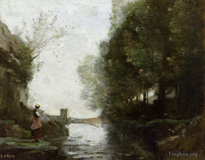 Jean-Baptiste-Camille Corot Peinture à l'huile - Le cours d'eau à la tour carrée