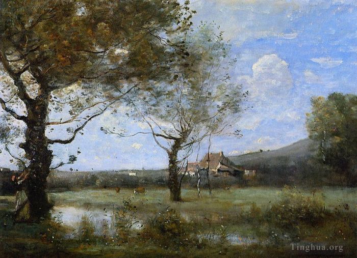 Jean-Baptiste-Camille Corot Peinture à l'huile - Prairie avec deux grands arbres