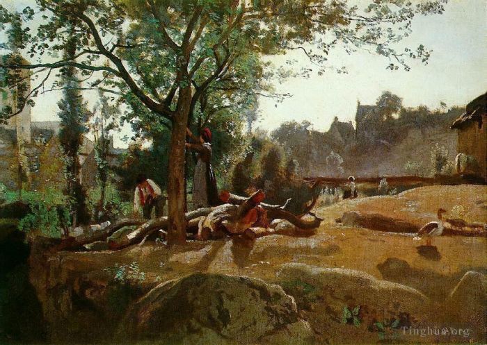 Jean-Baptiste-Camille Corot Peinture à l'huile - Paysans sous les arbres à l'aube Morvan
