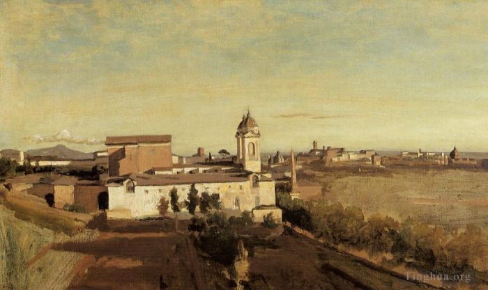 Jean-Baptiste-Camille Corot Peinture à l'huile - Rome la Trinita dei Monti Vue depuis la Villa Médicis