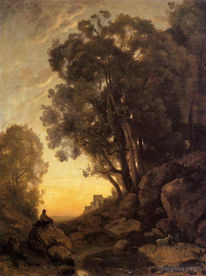 Jean-Baptiste-Camille Corot Peinture à l'huile - La soirée des chevriers italiens
