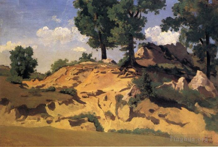 Jean-Baptiste-Camille Corot Peinture à l'huile - Arbres et rochers à La Serpentara