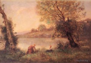 Jean-Baptiste-Camille Corot œuvres - VILLEDAVARYPAYSANNE ET SON ENFANT ENTRE DEUX ARBRES AU BORD DE