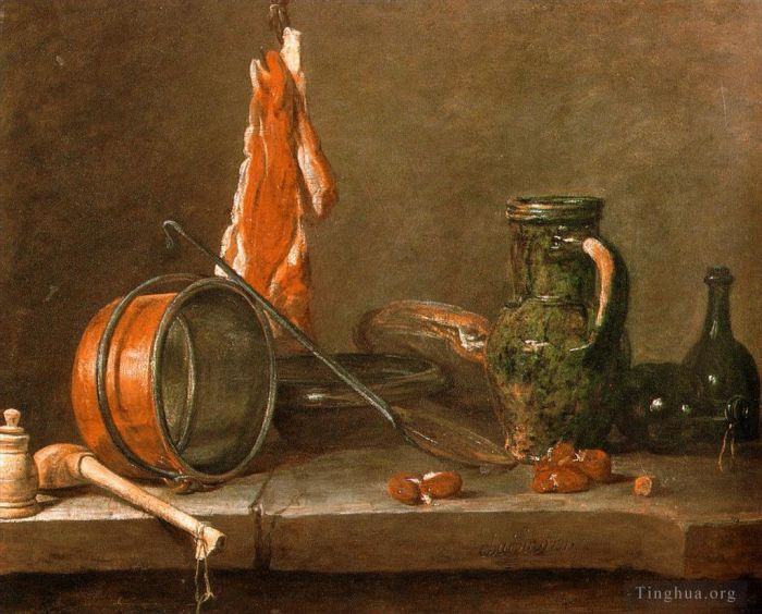 Jean-Baptiste-Siméon Chardin Peinture à l'huile - Un régime maigre avec des ustensiles de cuisine