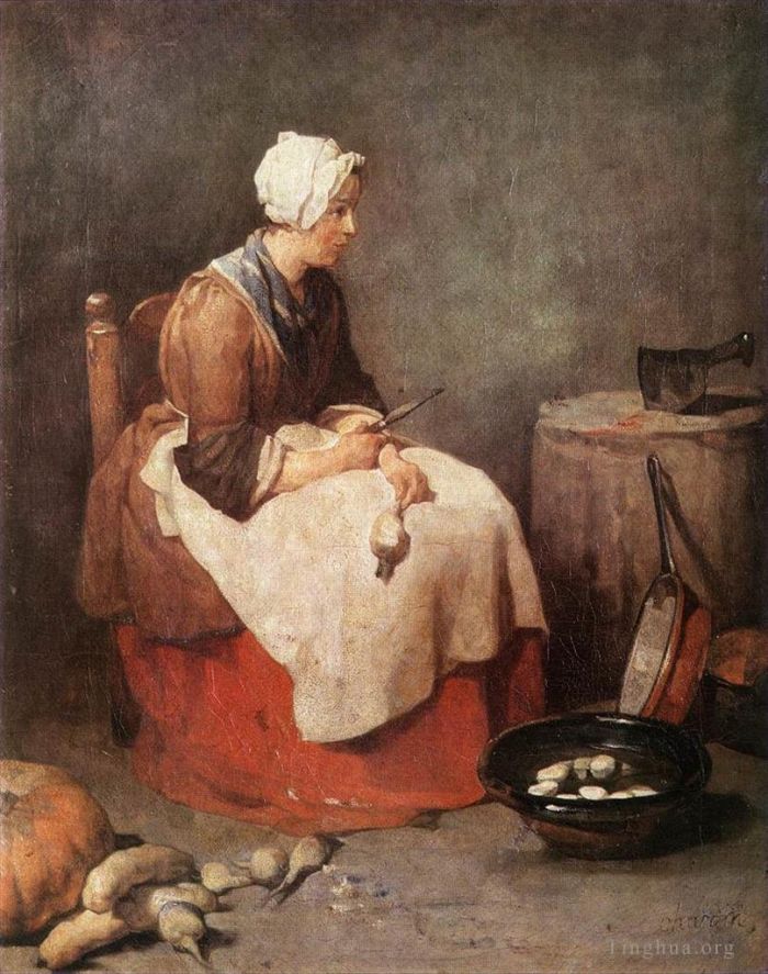 Jean-Baptiste-Siméon Chardin Peinture à l'huile - Fille épluchant des légumes