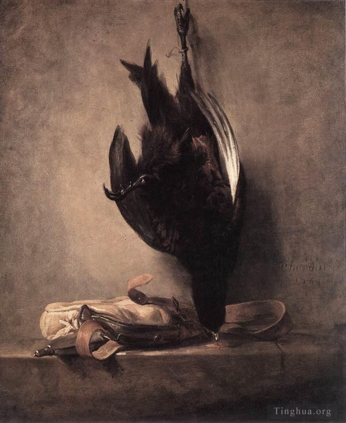 Jean-Baptiste-Siméon Chardin Peinture à l'huile - Nature morte au faisan mort et au sac de chasse