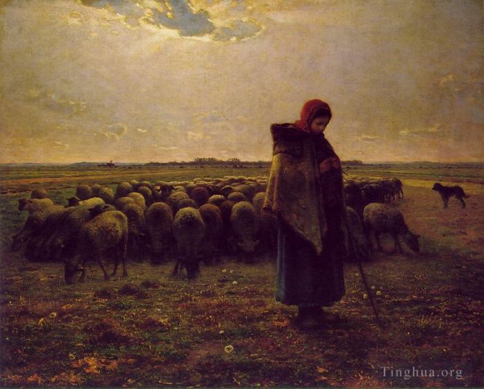 Jean-François Millet Peinture à l'huile - Bergère avec son troupeau