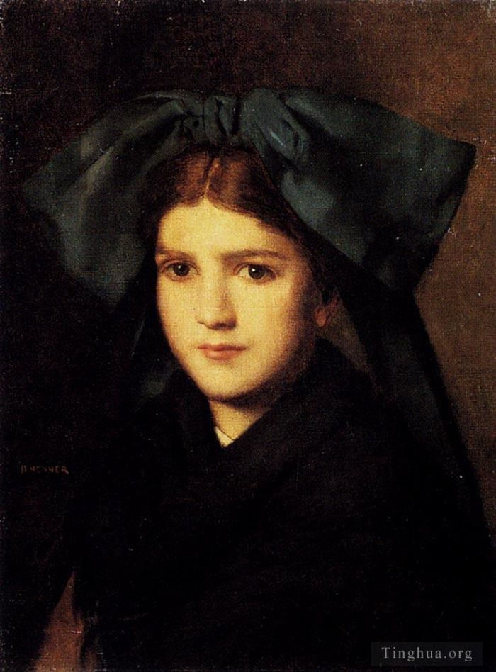 Jean-Jacques Henner Peinture à l'huile - Un portrait d'une jeune fille avec une boîte dans son chapeau