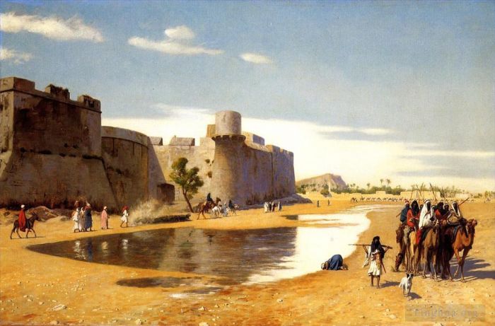 Jean-Léon Gérôme Peinture à l'huile - Une caravane arabe à l'extérieur d'une ville fortifiée Egypte