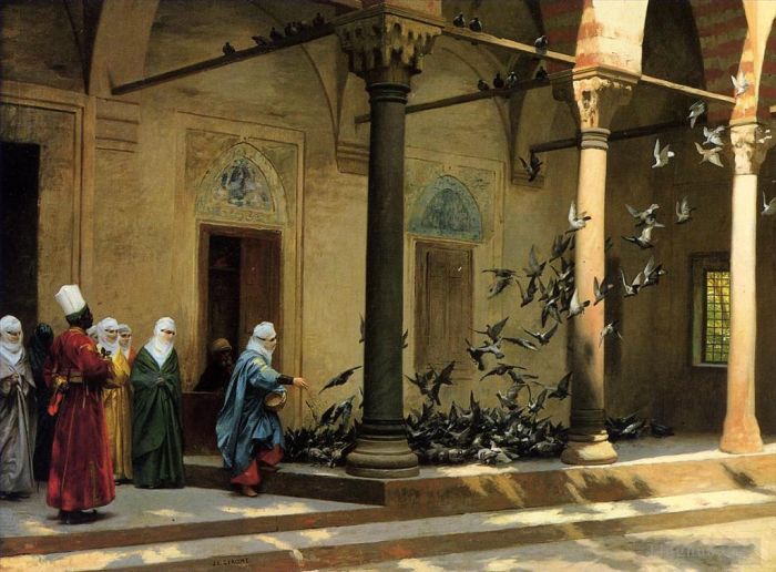 Jean-Léon Gérôme Peinture à l'huile - Femmes du harem nourrissant des pigeons dans une cour