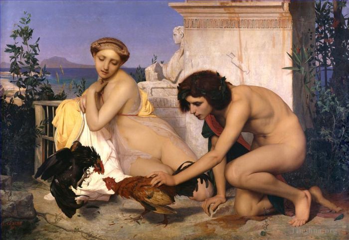 Jean-Léon Gérôme Peinture à l'huile - Un combat de coqs (Jeunes Grecs faisant battre des coqs)