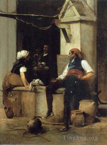 Jehan Georges Vibert Peinture à l'huile - Discuter près de la fontaine