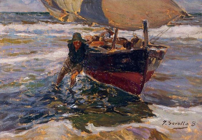 Joaquin Sorolla Peinture à l'huile - Étude sur l'échouage du bateau