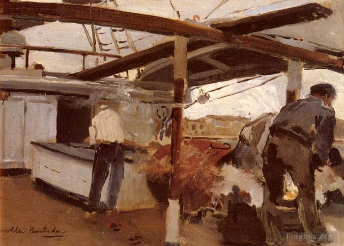 Joaquin Sorolla Peinture à l'huile - Deux hommes sur un pont