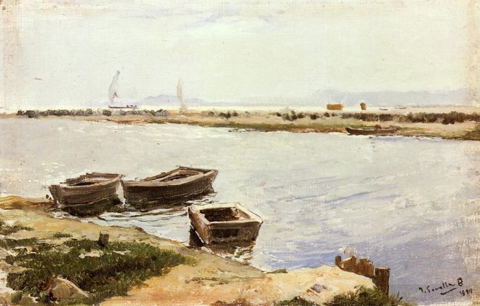 Joaquin Sorolla Peinture à l'huile - Y Trois bateaux près d'un rivage