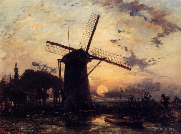 Johan Barthold Jongkind Peinture à l'huile - Batelier près d'un moulin à vent au coucher du soleil